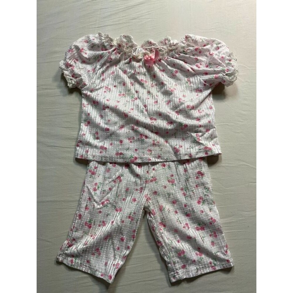 Pink Rose Floral Print Puff Sleeve Top and Pants Lounge Set Size 18M